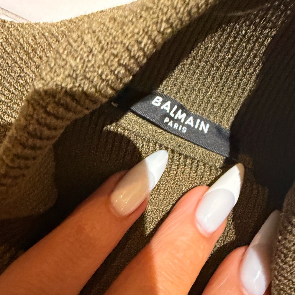 Balmain Olive Green Ribbed Turtleneck Gold Button Shoulder Sweater EU 34 - Picture 6 of 14